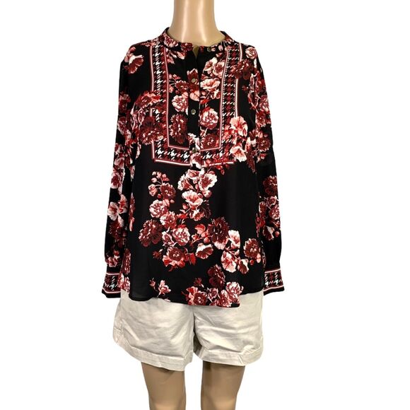 Charter Club Womens Blouse Top Houndstooth Floral Print Pullover Black Red PP - Picture 1 of 14